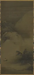 Snowy Scenery, landscape painting (絹本墨画淡彩雪景山水図, kenpon bokuga tansai sekkei sansui zu). Hanging scroll